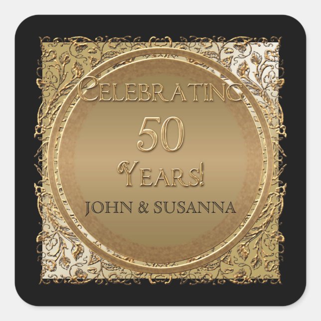 Adesivo Quadrado Black Tie Elegance, Aniversário de Casamento de Ou (Frente)