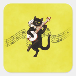 Adesivo Quadrado Black Vintage Cat Tocando Banjo em Notas de Músic