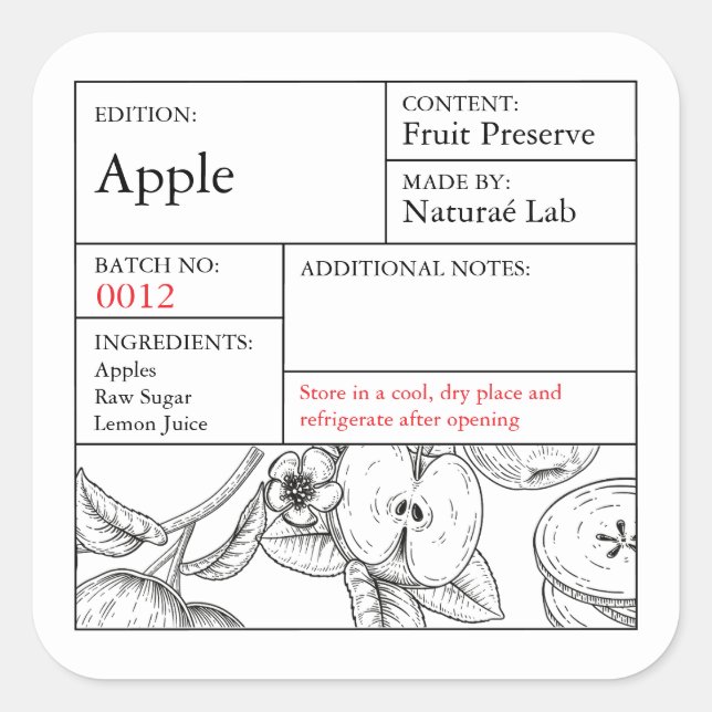 Adesivo Quadrado Black & White Apothecary Apple label (Frente)
