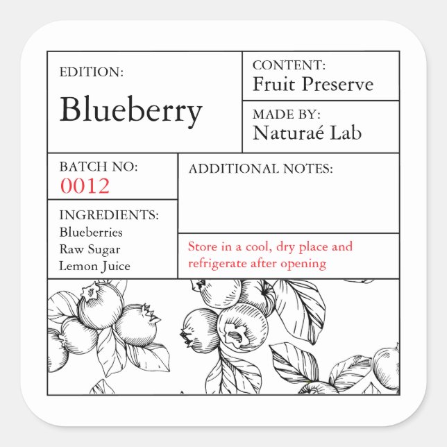 Adesivo Quadrado Black & White Apothecary Blueberry label (Frente)