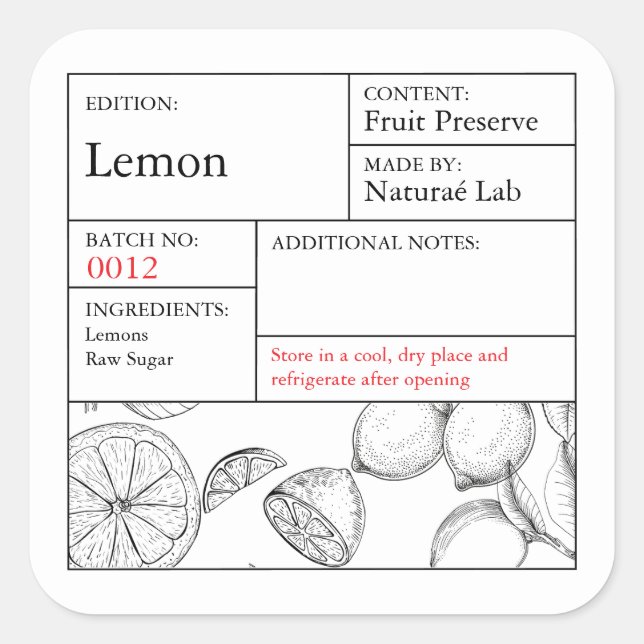 Adesivo Quadrado Black & White Apothecary Lemon label (Frente)