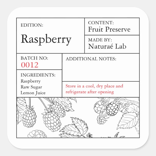 Adesivo Quadrado Black & White Apothecary Raspberry label (Frente)