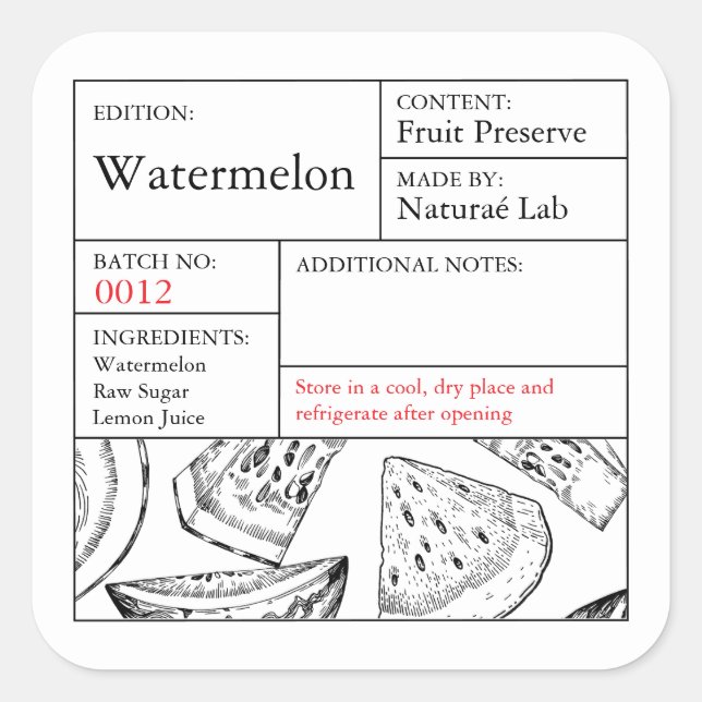 Adesivo Quadrado Black & White Apothecary Watermelon label (Frente)