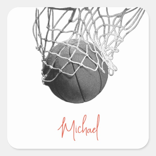 Adesivo Quadrado Black & White Basketball Ball & Net Your Name (Frente)