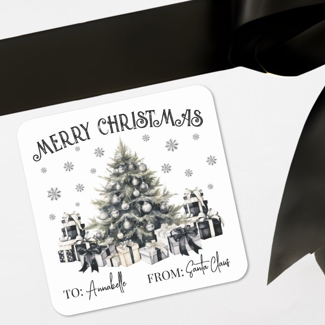 Adesivo Quadrado Black White Christmas Gift Tag Sticker (Black White Christmas Tree Gift Tag Sticker)