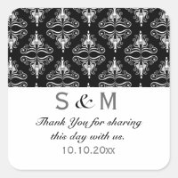 Black White Damask Obrigado Monograma Casamento