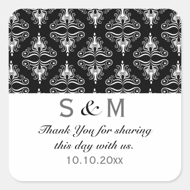 Adesivo Quadrado Black White Damask Obrigado Monograma Casamento (Frente)