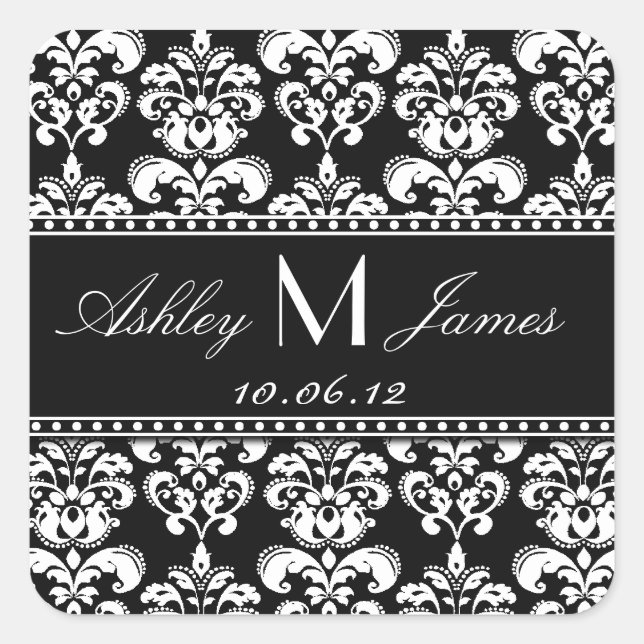 Adesivo Quadrado Black White Damask Save the Date Sticker (Frente)