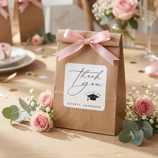 Adesivo Quadrado Black White Graduation Cap Thank You (Criador carregado)