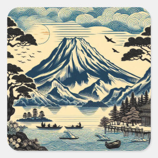 Adesivo Quadrado Bloco de Madeira Japonês Monte Fuji Lago Barcos Pi