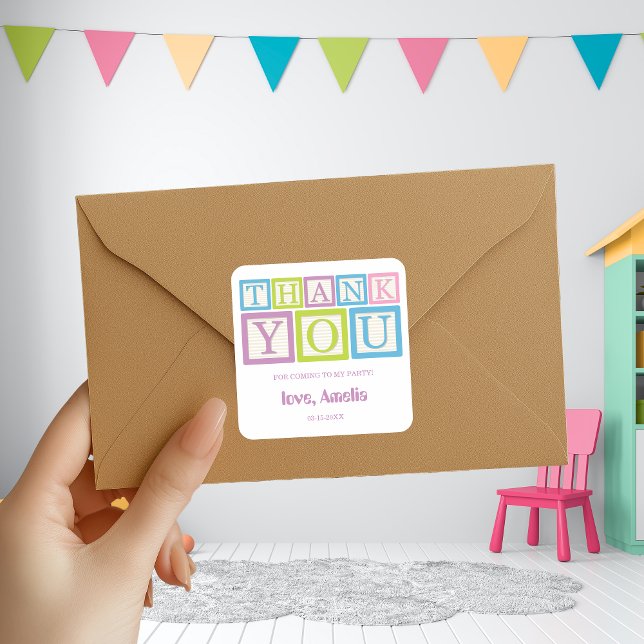 Adesivo Quadrado Blocos de Construção Divertidos Padrão Obrigado (Criador carregado)