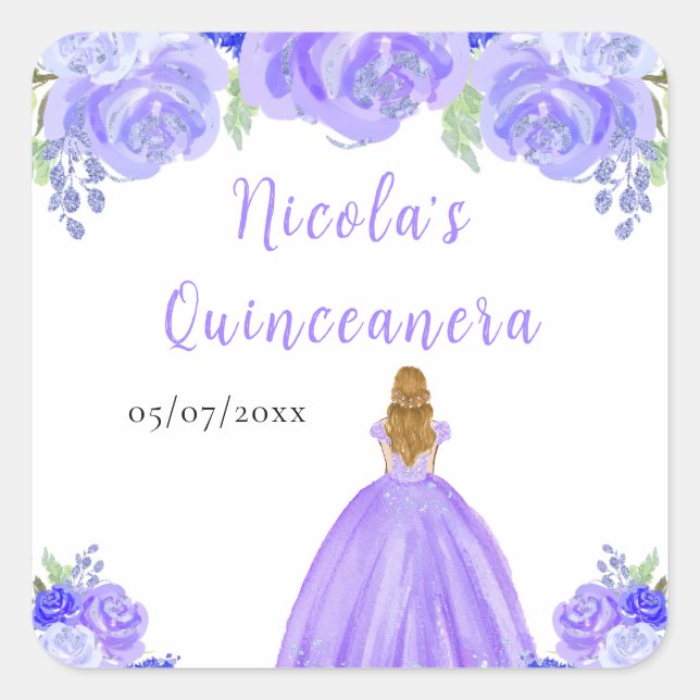 Adesivo Quadrado Blonde Hair Princess Purple Floral Quinceanera (Frente)