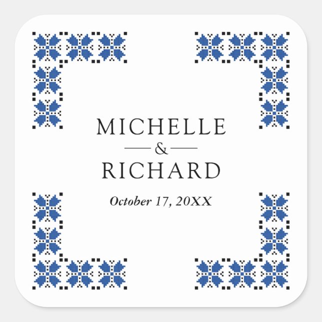 Adesivo Quadrado Blue and Black Ukrainian Embroidery Wedding (Frente)