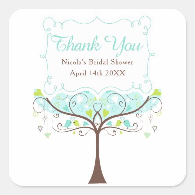 Adesivo Quadrado Blue and Green Floral Bird Bridal Shower Thank You (Frente)