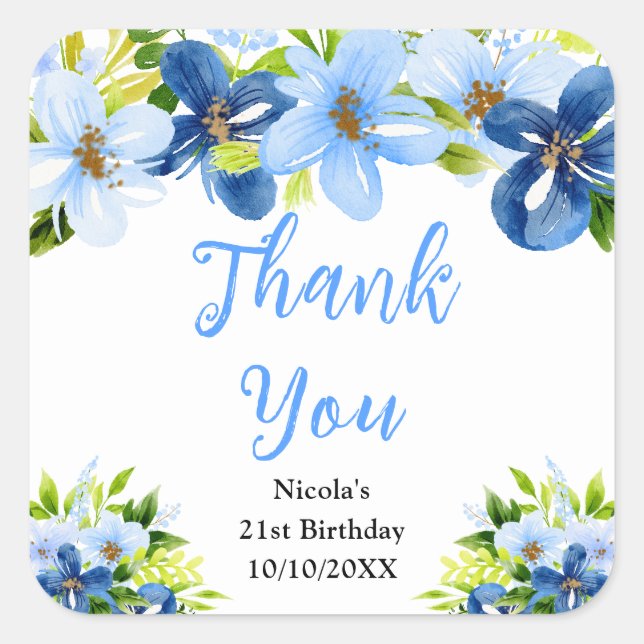 Adesivo Quadrado Blue and Navy Flowers Birthday Thank You (Frente)