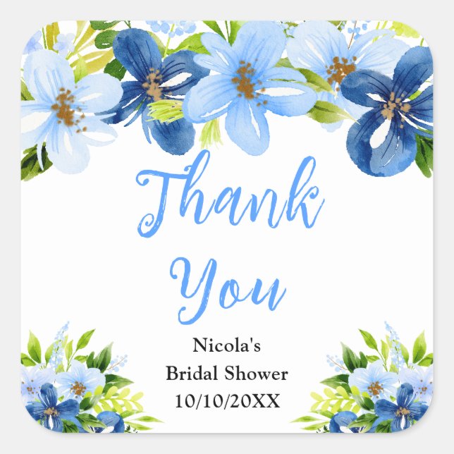 Adesivo Quadrado Blue and Navy Flowers Bridal Shower Thank You (Frente)
