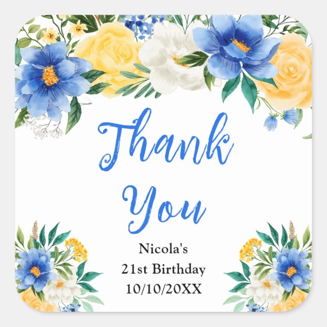 Adesivo Quadrado Blue and Yellow Floral Birthday Thank You (Frente)
