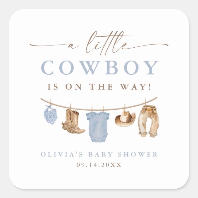 Adesivo Quadrado Blue Baby Clothesline Little Cowboy Baby Shower (Frente)