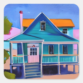 Adesivo Quadrado Blue Beach House Vacation Quirky Art
