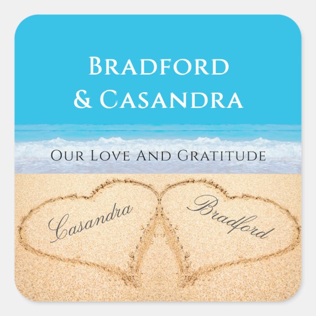 Adesivo Quadrado Blue Beach Wedding 2 Hearts in the Sand Stickers (Frente)