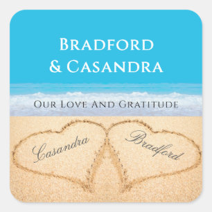 Adesivo Quadrado Blue Beach Wedding 2 Hearts in the Sand Stickers