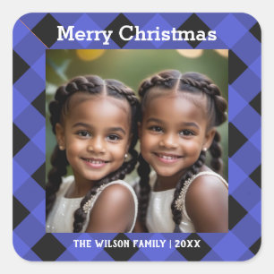 Adesivo Quadrado Blue Buffalo Xadrez Personalizado Foto Feliz Natal