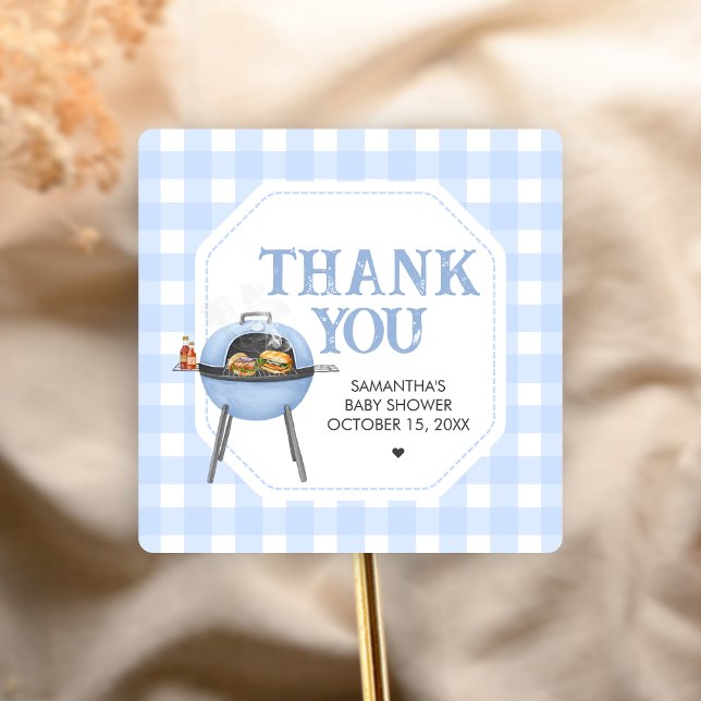 Adesivo Quadrado Blue Burger BBQ Baby Shower (Bun and Burgers Baby Shower Sticker)