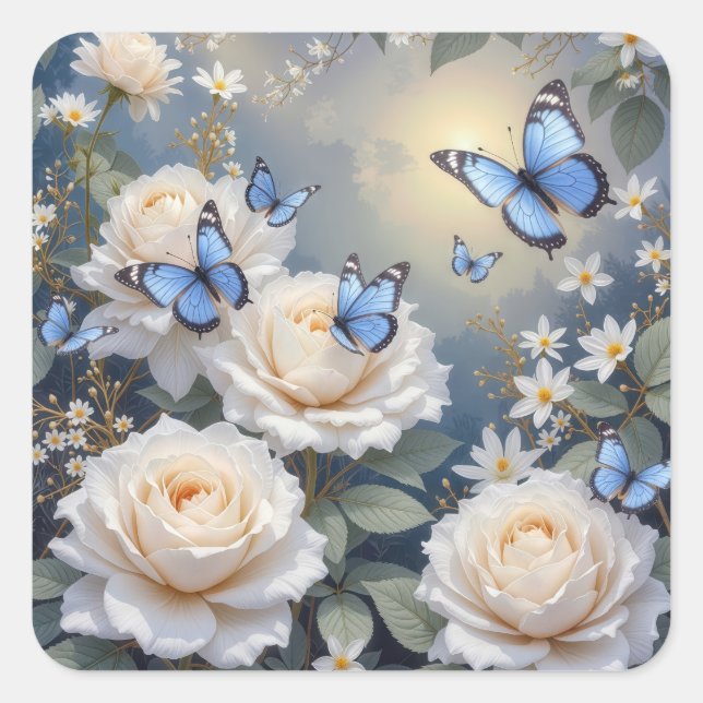 Adesivo Quadrado Blue Butterflies On White Roses and Daisies (Frente)