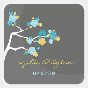 Adesivo Quadrado Blue Cherry Blossoms Love Birds Sticker