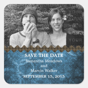 Adesivo Quadrado Blue Chic Steampunk Photo Save the Date Stickers