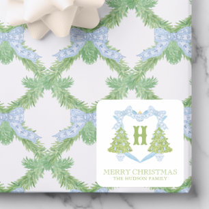 Adesivo Quadrado Blue Chinoiserie Árvore Natal Monograma Crest
