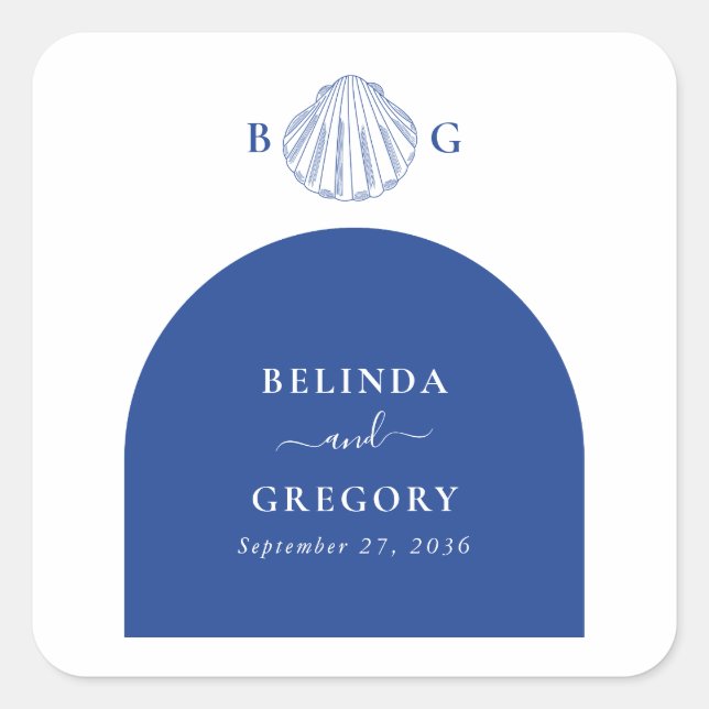 Adesivo Quadrado Blue Clam Seashells Coastal Seaside Beach Wedding (Frente)