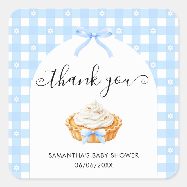 Adesivo Quadrado Blue Coquette Fall Pie Baby Shower Thank You (Frente)