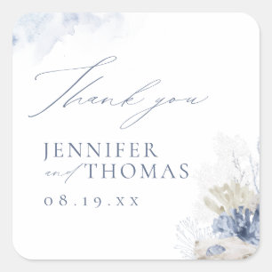 Adesivo Quadrado Blue Coral & Seashells Beach Wedls Obrigado