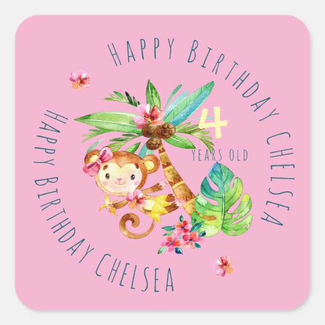 Adesivo Quadrado Blue Cute Monkey Personalized Happy Birthday (Frente)
