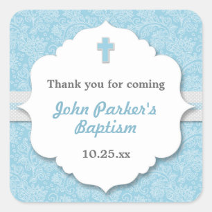 Adesivo Quadrado Blue Damask cross boy baptism batizando favor