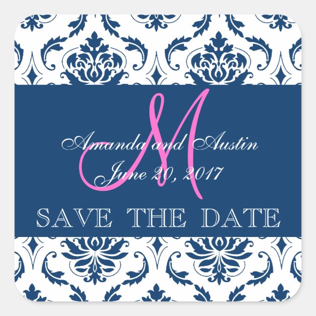 Adesivo Quadrado Blue Damask Initial Save the Date Sticker (Frente)