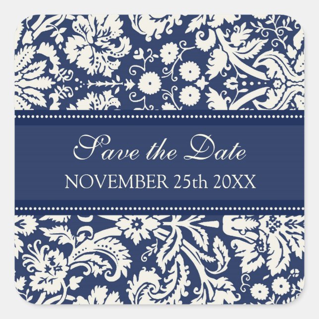 Adesivo Quadrado Blue Damask Save the Date Envelope Seal (Frente)