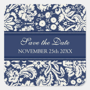 Adesivo Quadrado Blue Damask Save the Date Envelope Seal