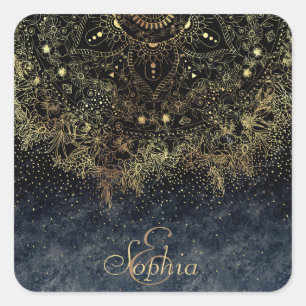 Adesivo Quadrado Blue Dourado Mandala Floral