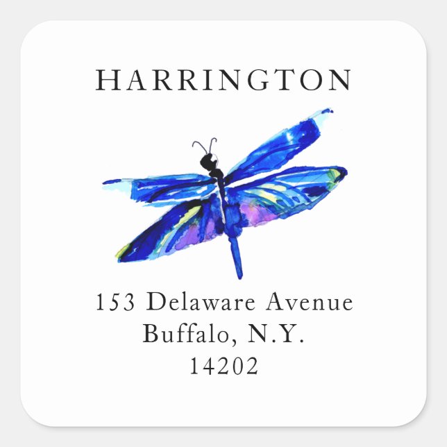 Adesivo Quadrado Blue Dragonfly Address Labels Elegante Nature-Them (Frente)