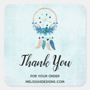 Adesivo Quadrado Blue Dreamcatcher Boho Design Business Obrigado