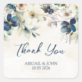 Adesivo Quadrado Blue Floral Thank You Winter Wedding Favor Tag