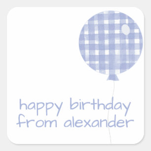 Adesivo Quadrado Blue Gingham Watercolor Balloon Gift Stickers
