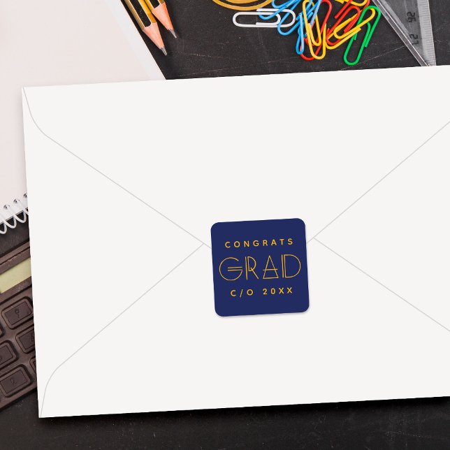 Adesivo Quadrado Blue Gold Grad Typography Graduation Sticker (Criador carregado)