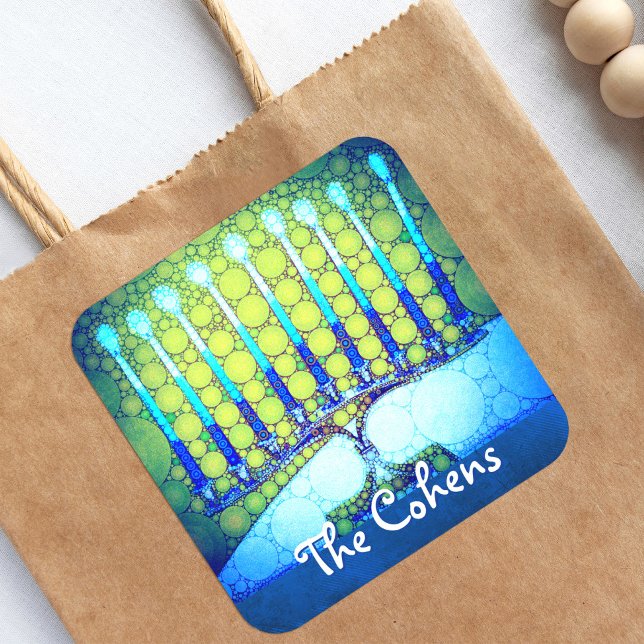 Adesivo Quadrado Blue Green Hanukkah Menorah adiciona seu nome ao s (Criador carregado)