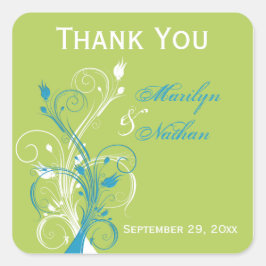 Adesivo Quadrado Blue Green White Floral de 1,5" Vinheta de Favor d