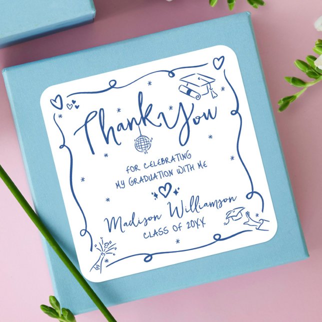 Adesivo Quadrado Blue Hand Drawn Doodles Graduation Thank You White (Criador carregado)