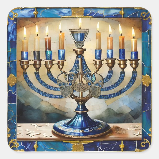 Adesivo Quadrado Blue Hanukkah Menorah (Frente)