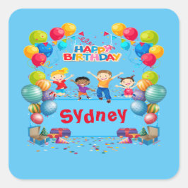 Adesivo Quadrado Blue Happy Birthday Name Sticker
